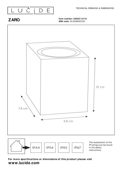 Lucide ZARO - Wandstrahler / Wandleuchte Innen/Außen - 1xGU10 - IP44 - Weiß - TECHNISCH